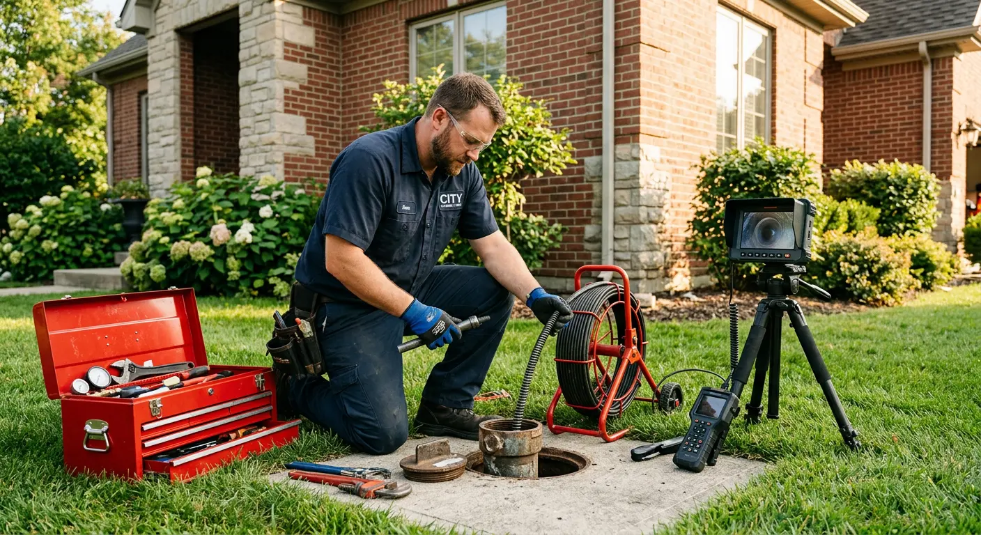 Sewer specialist with camera equipment servicing a cleanout in Greenfield